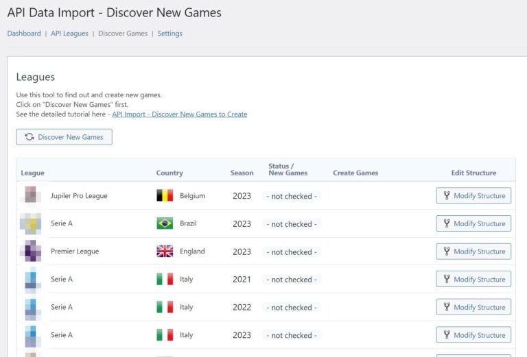 API Import – Discover New Games to Create – (New Tool) – Football Leagues