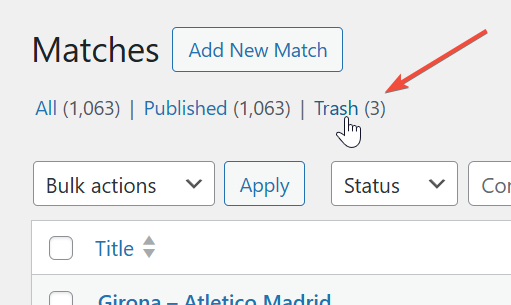 Trash link in the matches list view