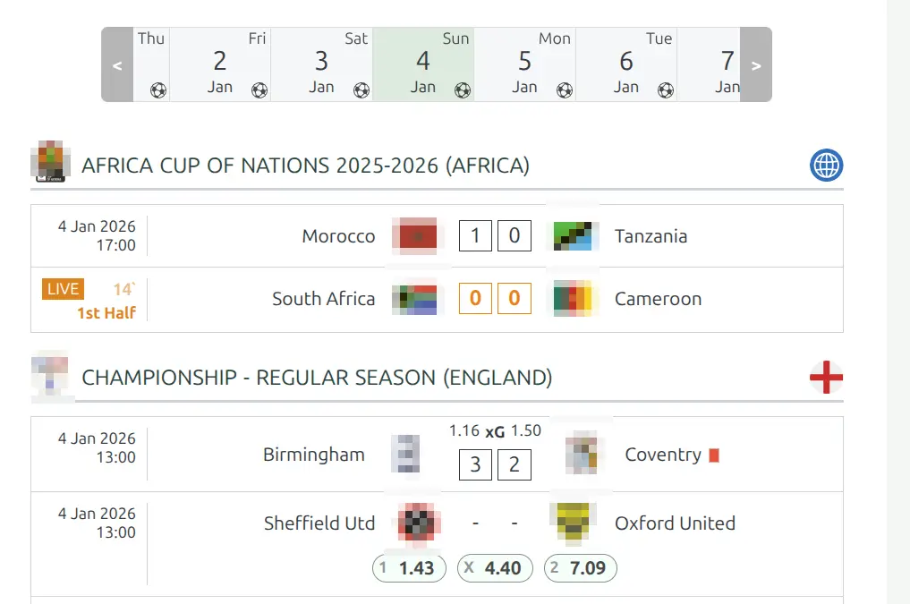 Calendar Slider showing horizontal date navigation with matches grouped by competition