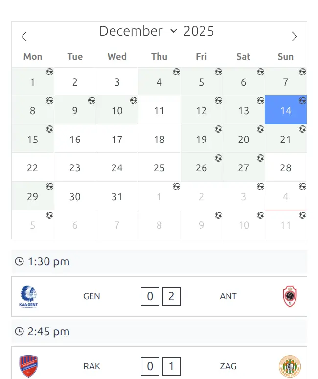 Calendar shortcode showing monthly view with match days highlighted