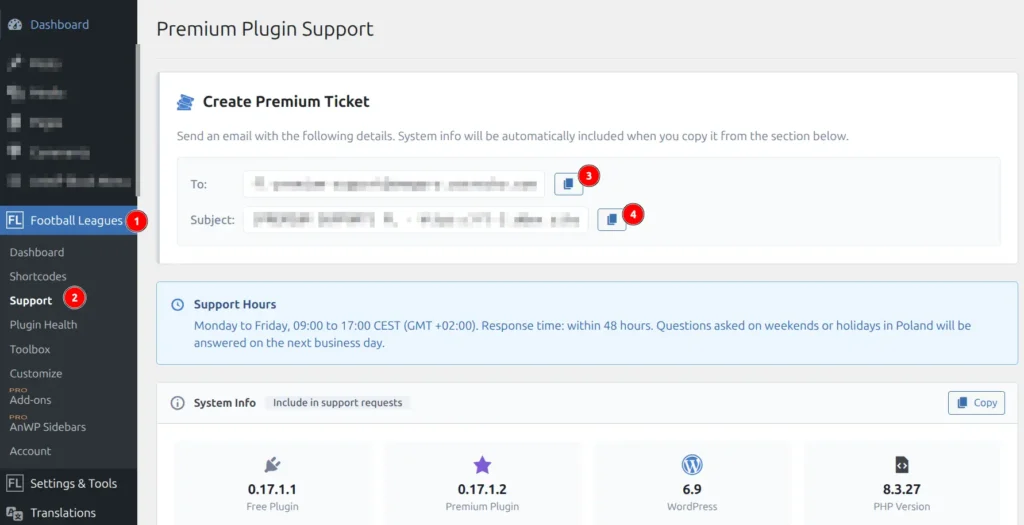 Football Leagues Premium Support page in WordPress admin showing contact details and system information