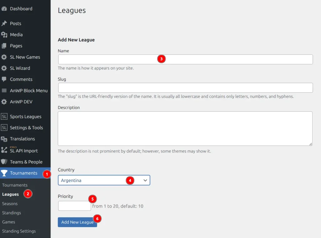 Add New League form showing name, description, and image fields