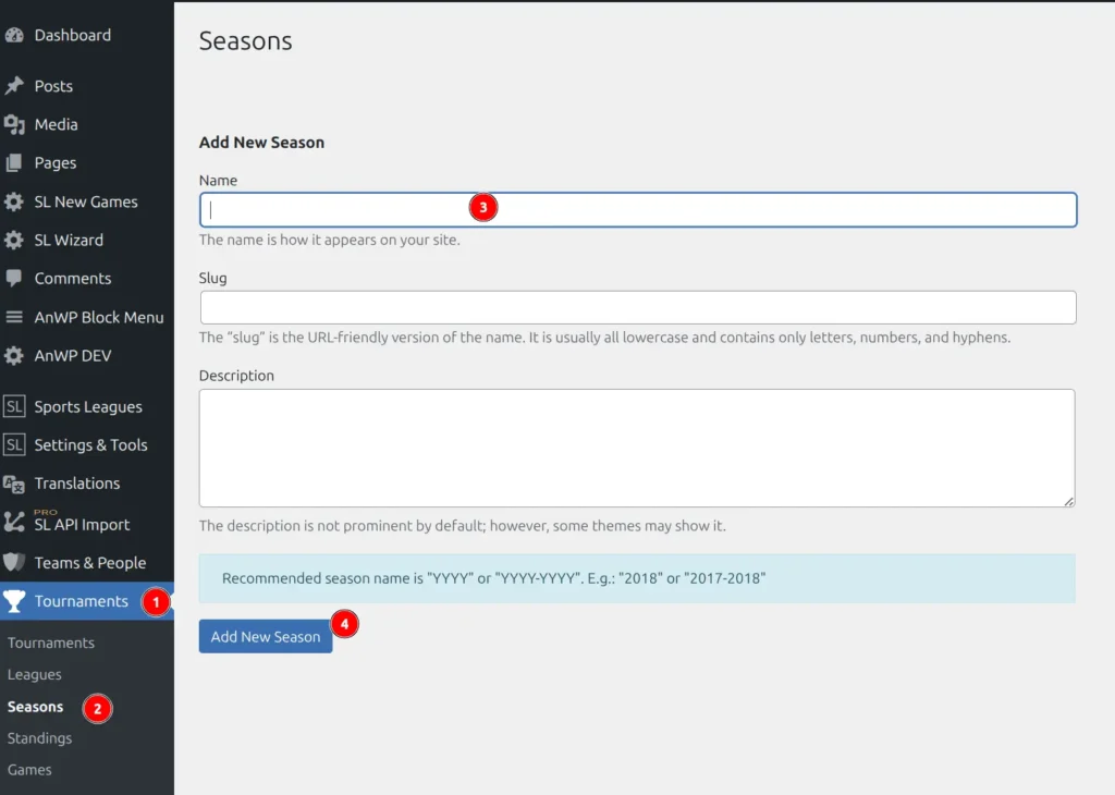 Add New Season form showing name field and Add New Season button