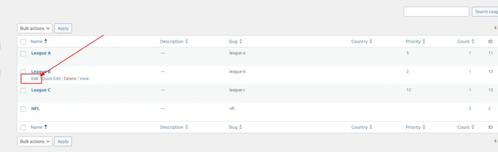 Leagues list showing hover actions with Edit link