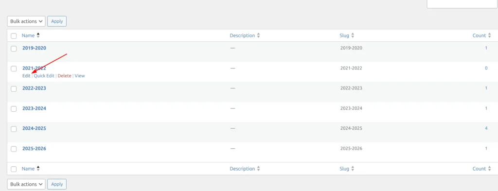 Seasons list showing hover actions with Edit link