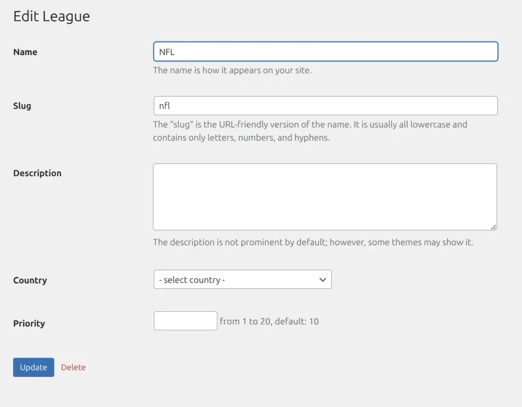 Edit League form showing name, description, and image fields with Update button