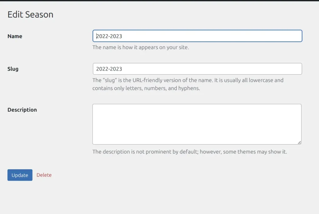 Edit Season form showing name field and Update button