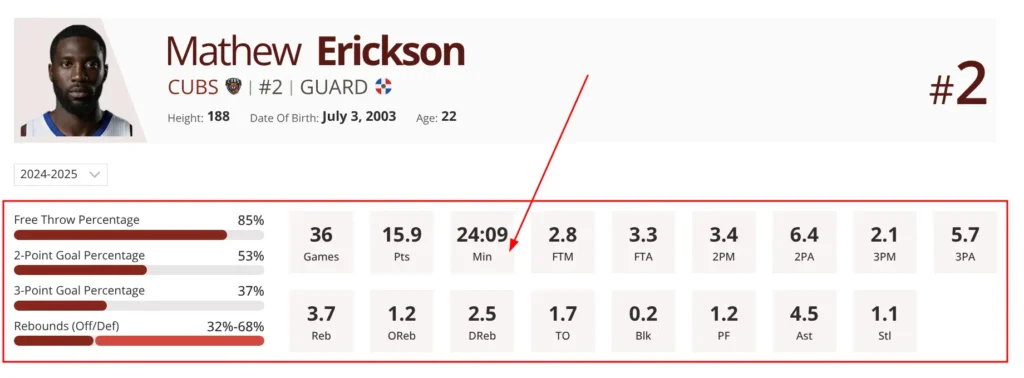Player Stats Panel showing stat charts on left and stat blocks on right