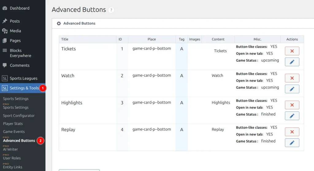 Advanced Buttons admin list showing pre-configured buttons