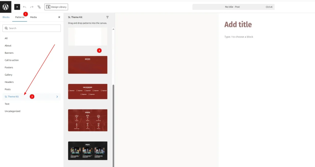 Block inserter showing the Patterns tab with SL Theme Kit category selected, displaying available pattern thumbnails