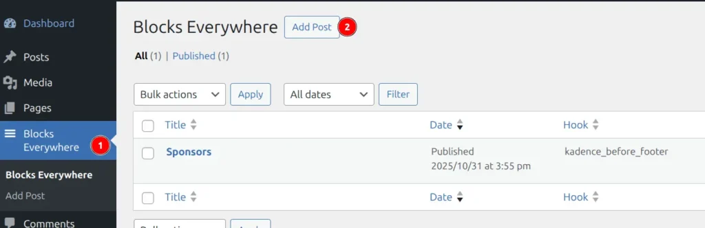 Blocks Everywhere admin list showing created content blocks