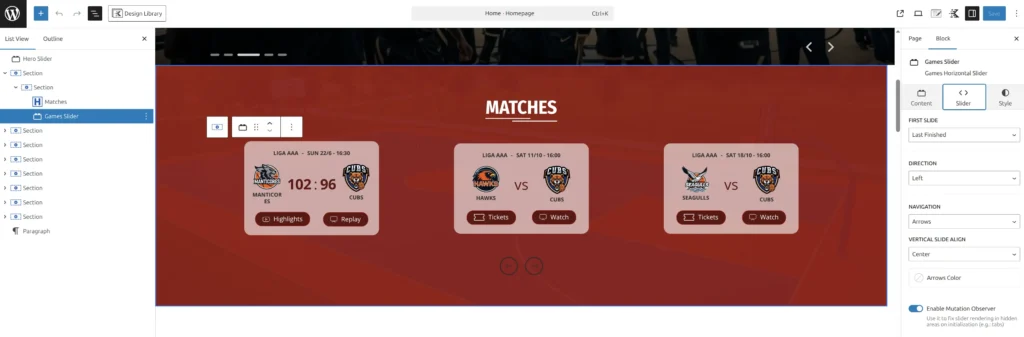 Games Horizontal Slider showing multiple game cards with team logos and scores