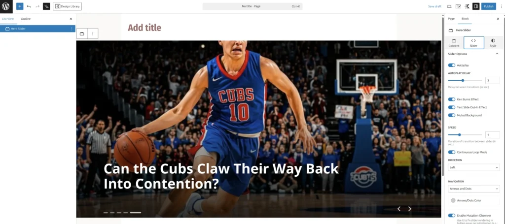 Hero Slider block showing a full-width post with title overlay and navigation arrows