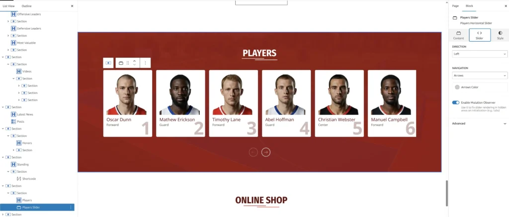 Players Horizontal Slider showing player cards in a carousel format