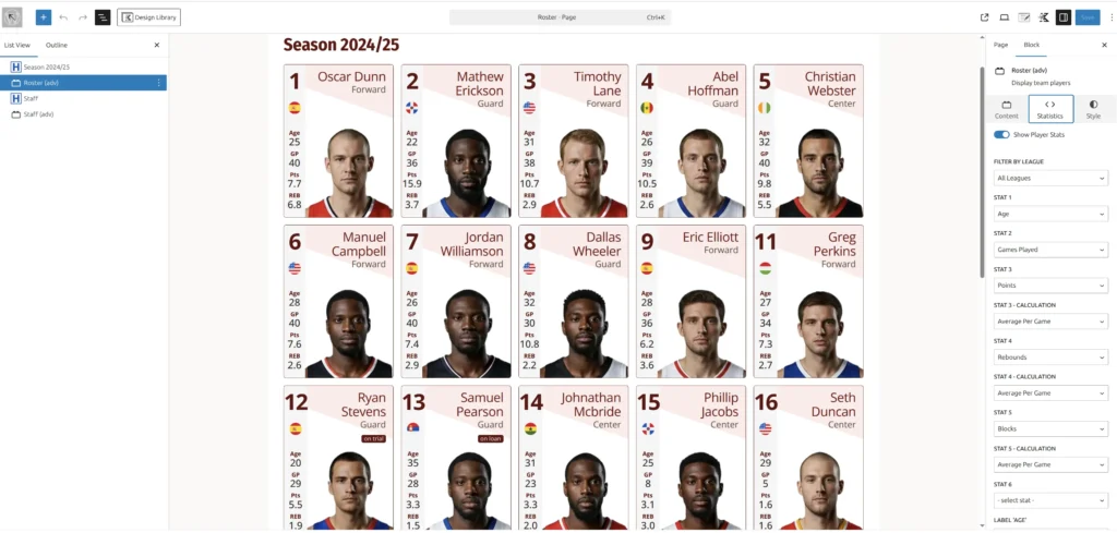 Roster (adv) block showing player cards with photos, numbers, positions, and statistics