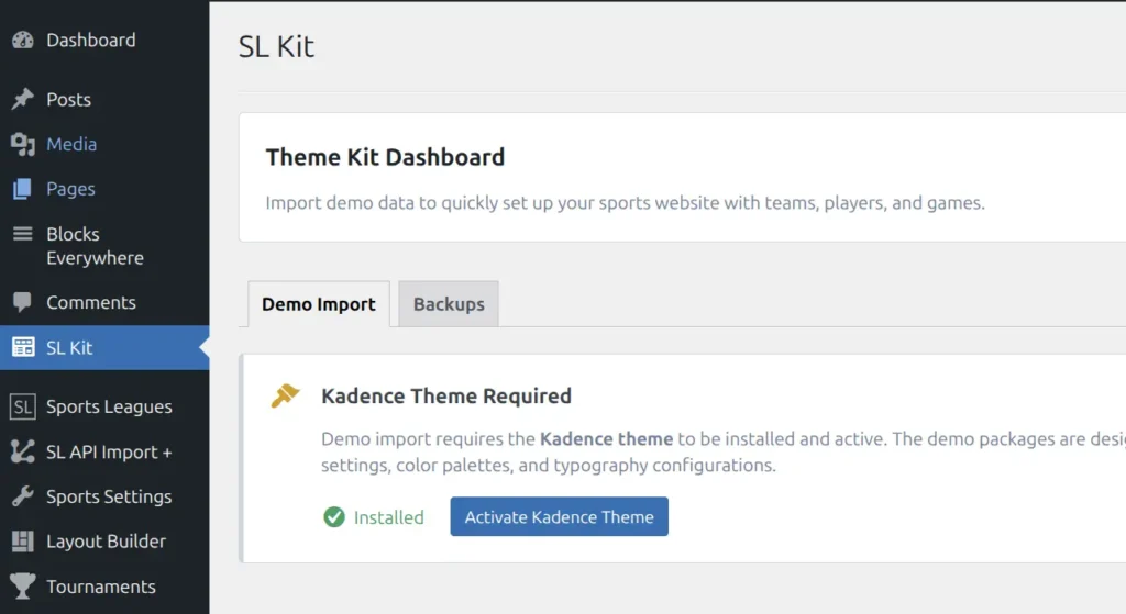 Theme Kit Dashboard showing the Demo Import interface