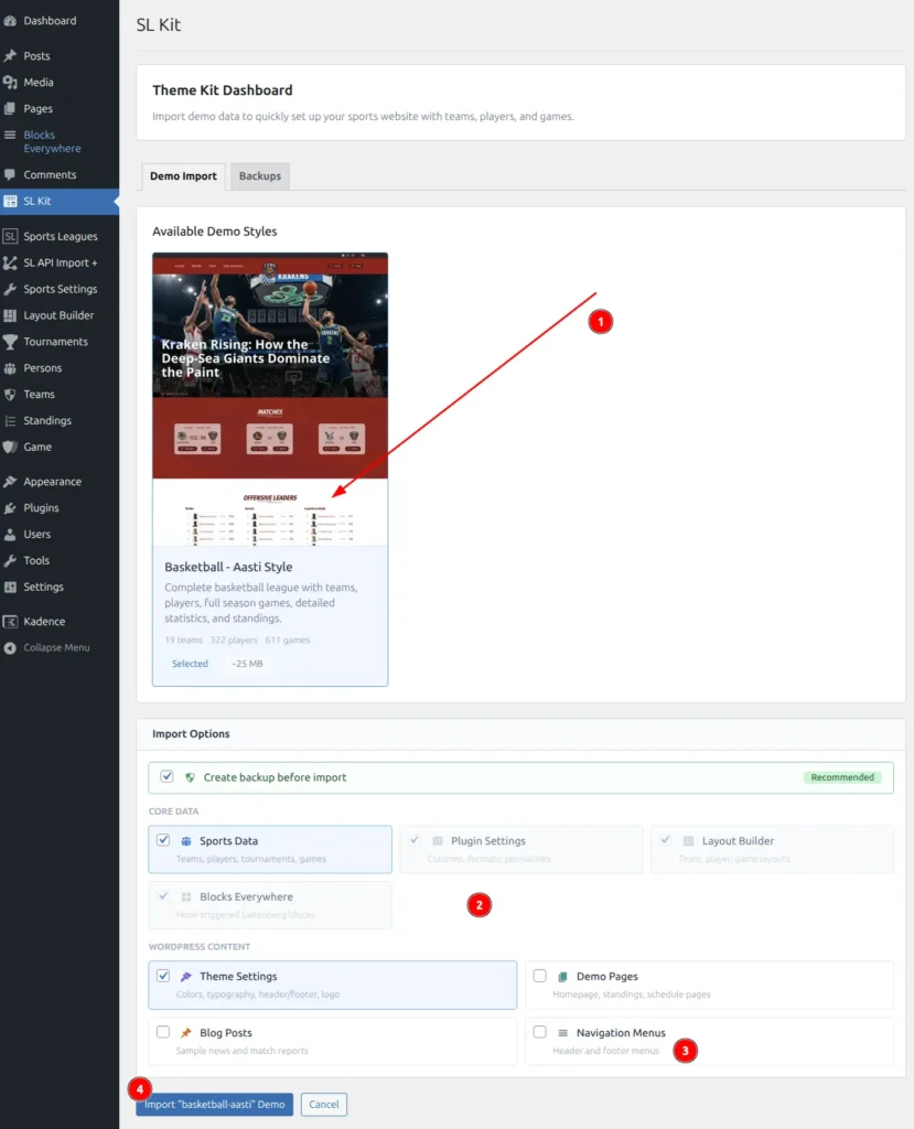 Available Demo Styles section showing demo package cards to choose from