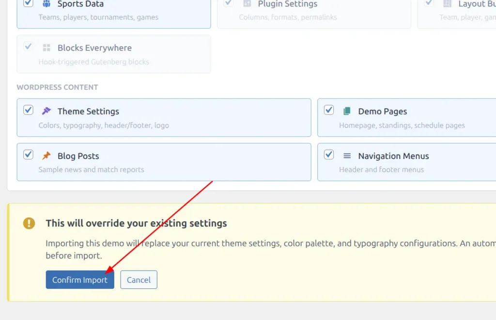 Import Options panel showing Core Data and WordPress Content checkboxes with backup option