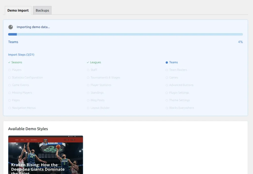 Import progress screen showing step-by-step progress with checkmarks and percentage bar