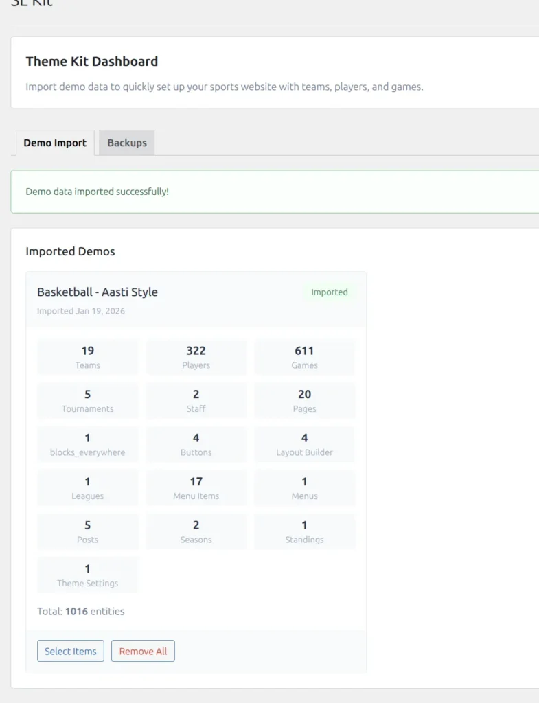 Import complete screen showing success message and imported entity counts