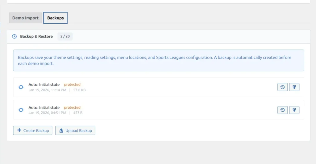 Backups tab showing backup list with restore, download, and delete options
