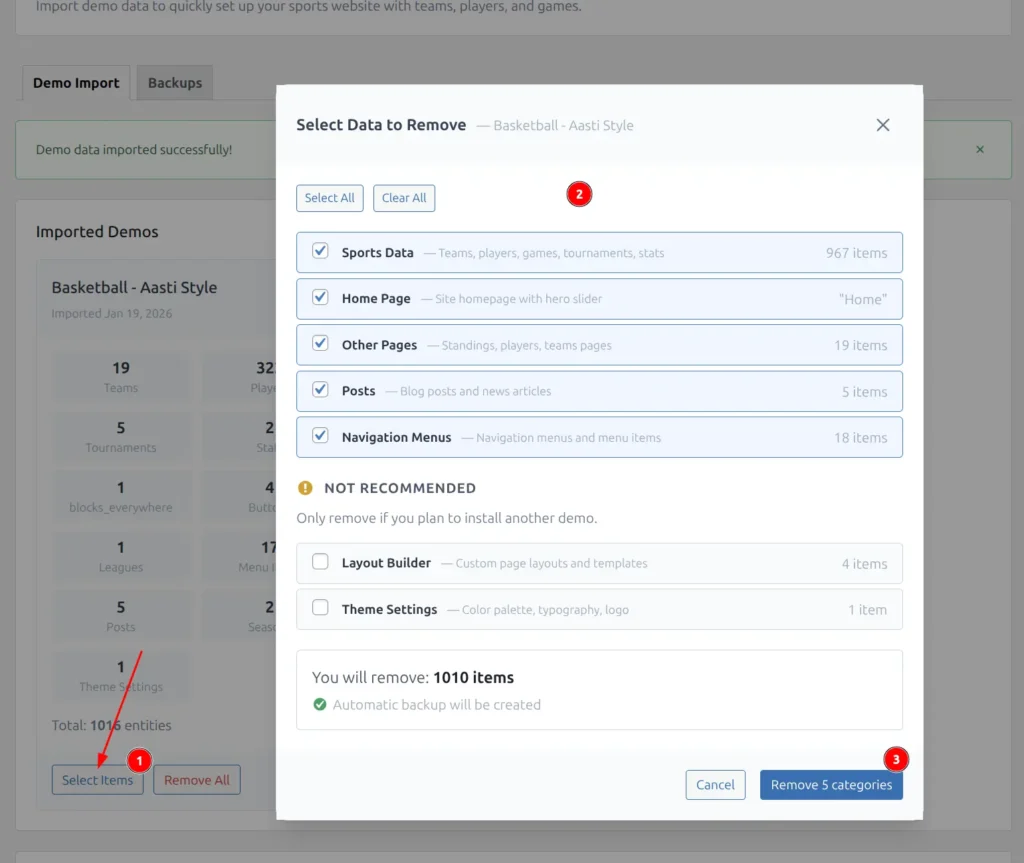 Selective removal dialog showing category checkboxes and item counts