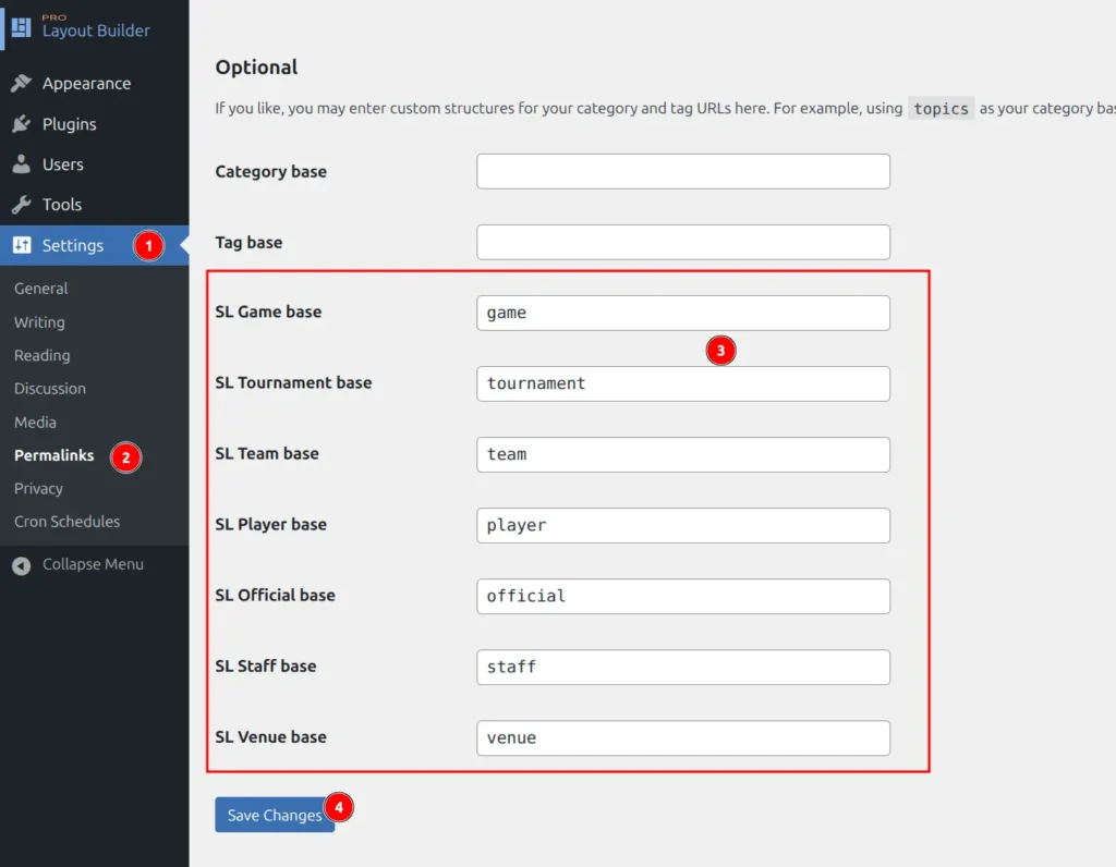 WordPress Permalinks settings page with Save Changes button highlighted