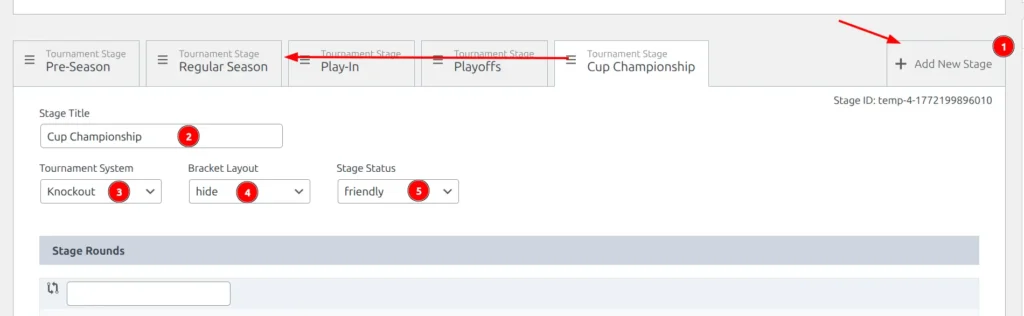 Tournament edit page showing a new Cup Championship stage with Knockout system, hidden bracket layout, and friendly status selected