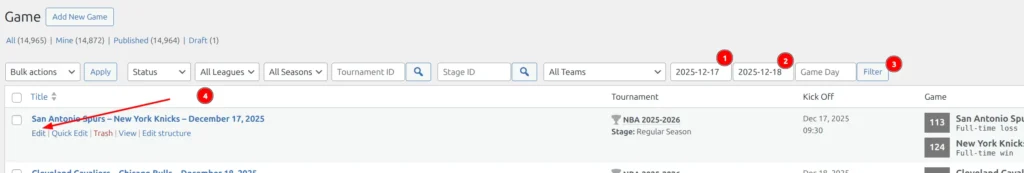 Game admin list filtered by date range 2025-12-17 to 2025-12-18, showing the San Antonio Spurs vs New York Knicks game with Edit structure link