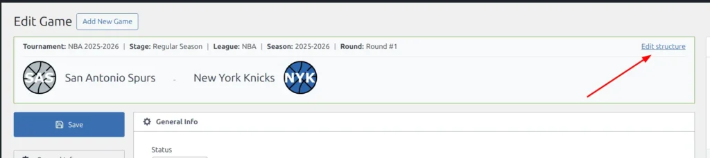 Game edit page showing the header with Tournament NBA 2025-2026, Stage Regular Season, and the Edit structure link in the top-right corner