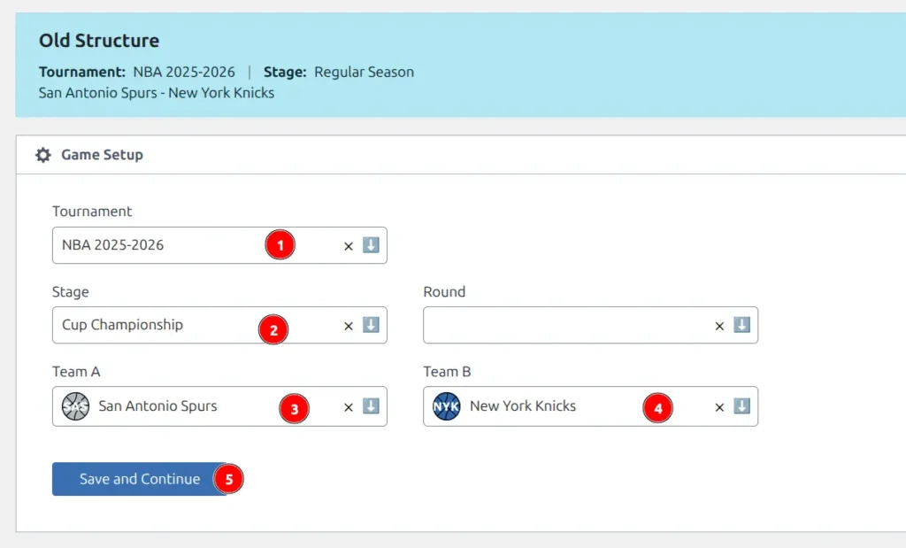 Game Setup panel showing the old structure (Regular Season) at top and the new assignment with Cup Championship stage selected, teams verified, and Save and Continue button