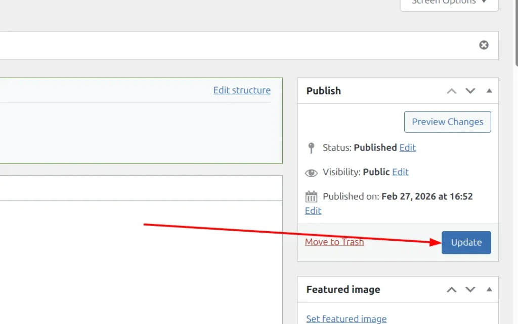 Game edit page Publish metabox with the Update button highlighted