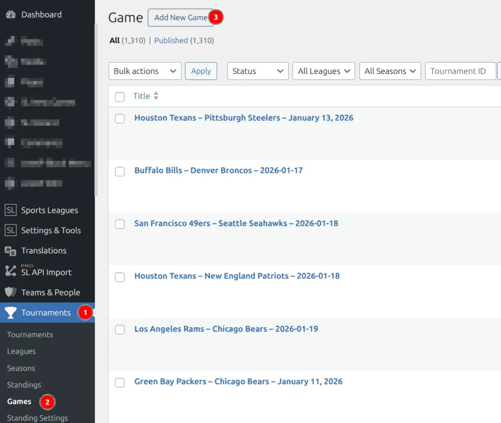 Game setup interface showing tournament selection, stage selection, and team dropdowns for home and away teams