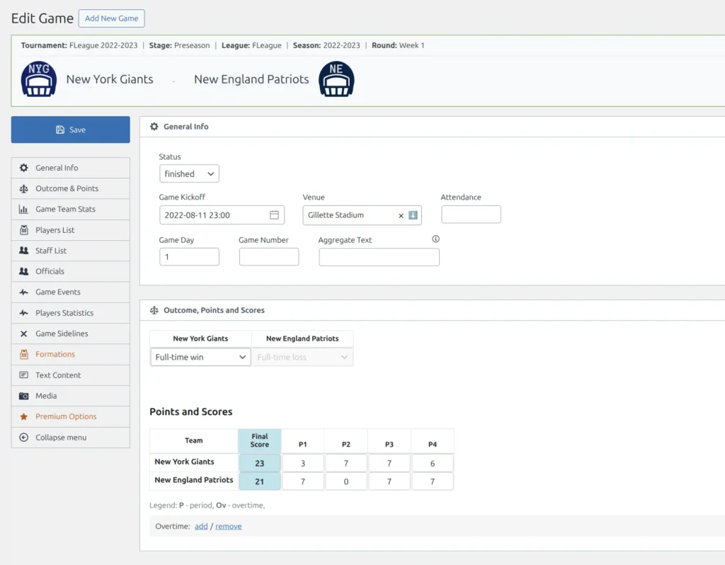 Game editor showing structure header with tournament info and team logos, navigation menu on left, and General Info section with date, time, venue, and game day fields