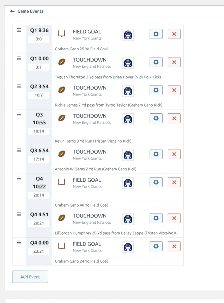 Game Events section showing event list with columns for time, event type icon, player name, team, and actions. Add Event button at bottom