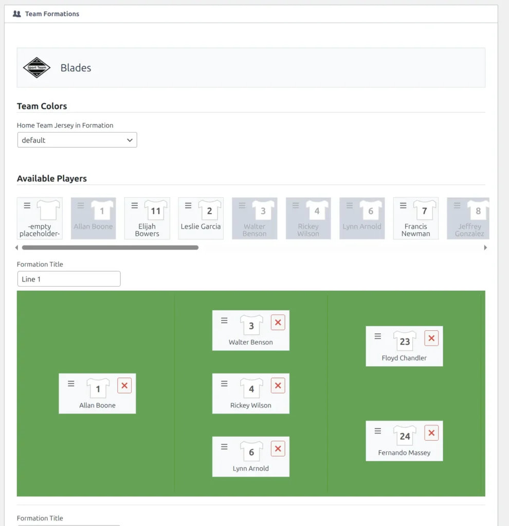 Team Formations editor showing available players on left and formation grid on right with drag-and-drop player placement