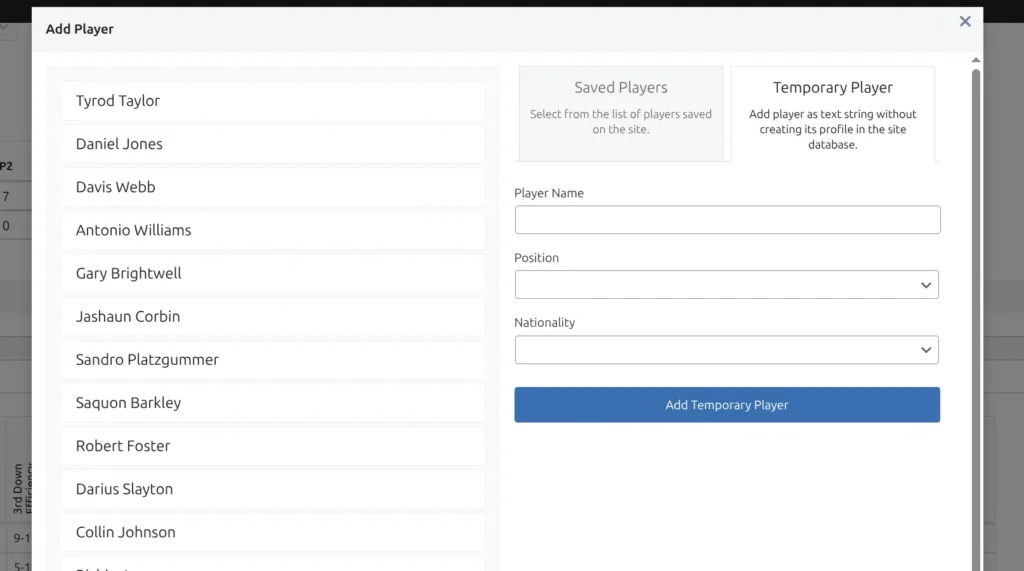 Add Player modal with Create Temporary Player option showing fields for player name and position