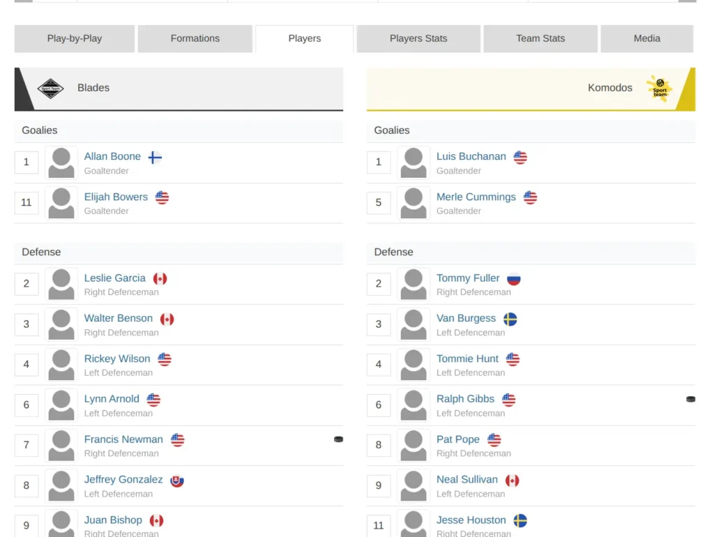 Players List interface showing home and away team lineups with player photos, names, numbers, starter/substitute toggle, and Add Player button