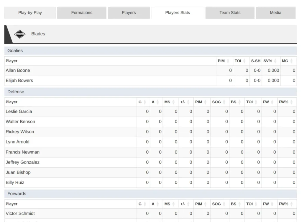 Players Statistics section showing a table with player names in rows and stat columns (PTS, REB, AST, STL, BLK, MIN) with input fields for each value