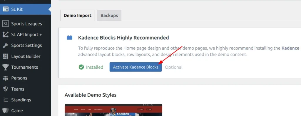 SL Kit showing Kadence Blocks plugin installation card