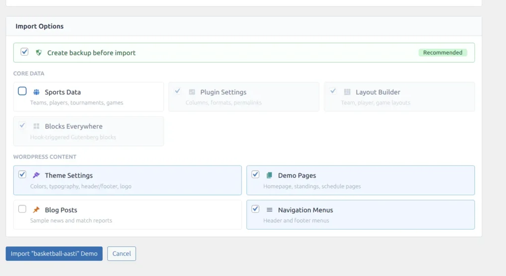 Demo import options showing Core Data and WordPress Content sections