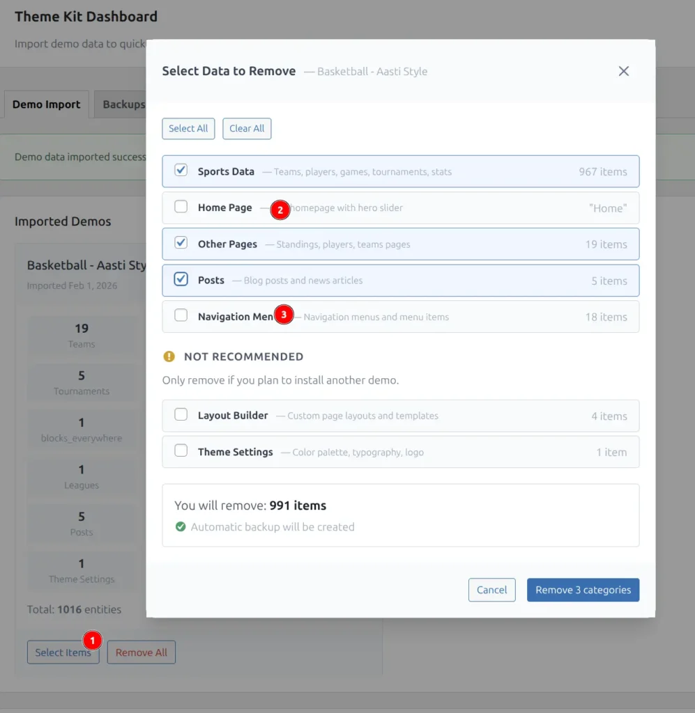 Selective removal dialog with Sports Data checkbox highlighted