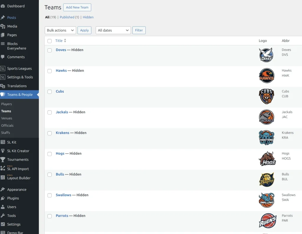 Teams list showing Hidden status label next to team names