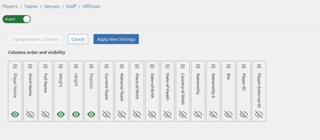 Column configuration panel showing draggable columns with visibility toggles for customizing import layout