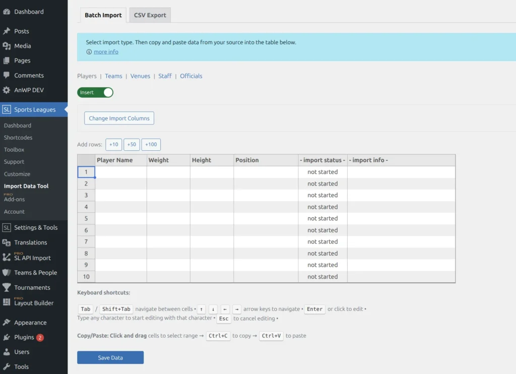 Import Tool interface showing the spreadsheet-style table with column headers, data rows, and import controls