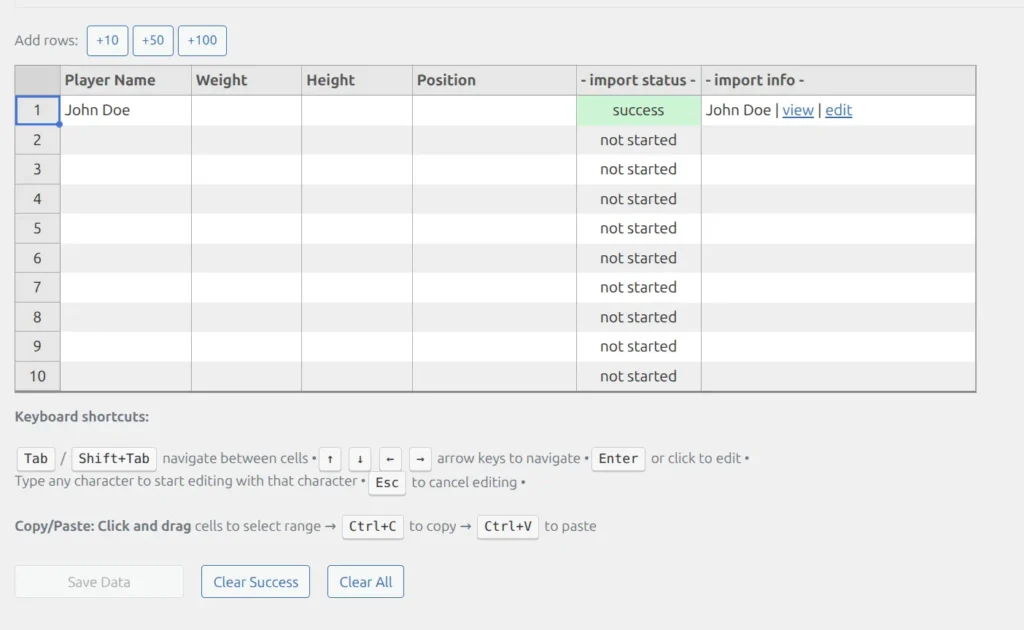 Import results showing success and error statuses with links to view or edit imported records