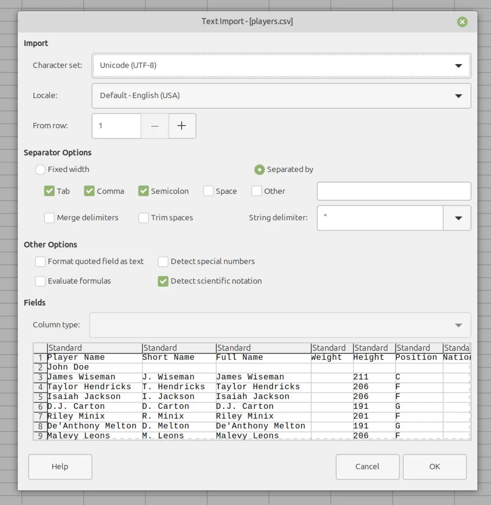 LibreOffice Calc import dialog showing character set selection with UTF-8 encoding highlighted