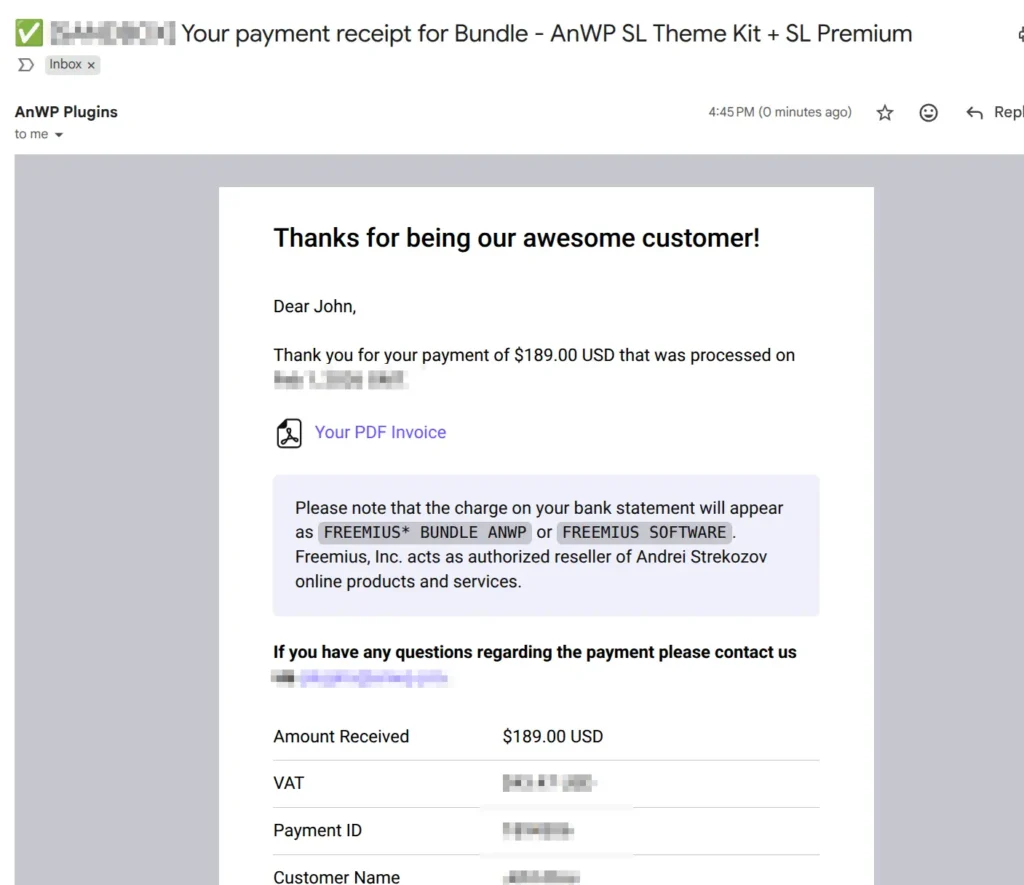 Invoice email showing payment confirmation and order details