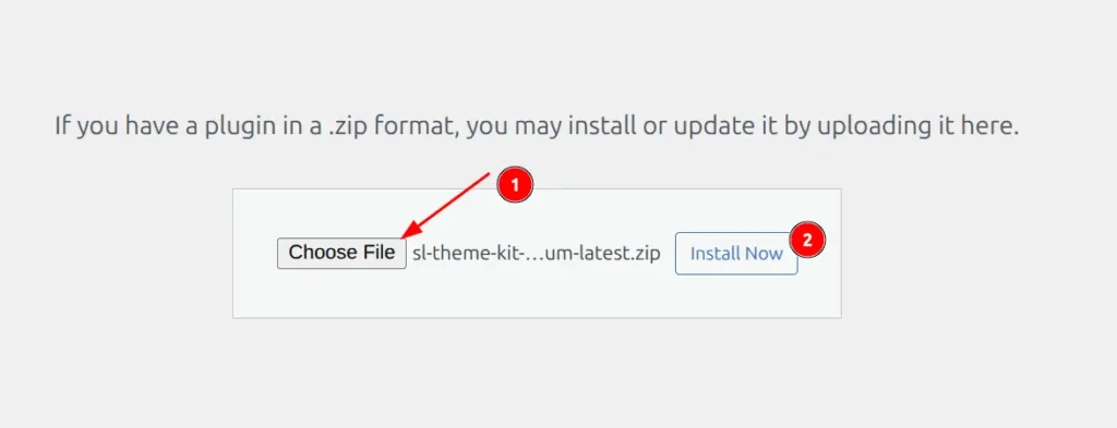 Plugin upload form with ZIP file selected and Install Now button