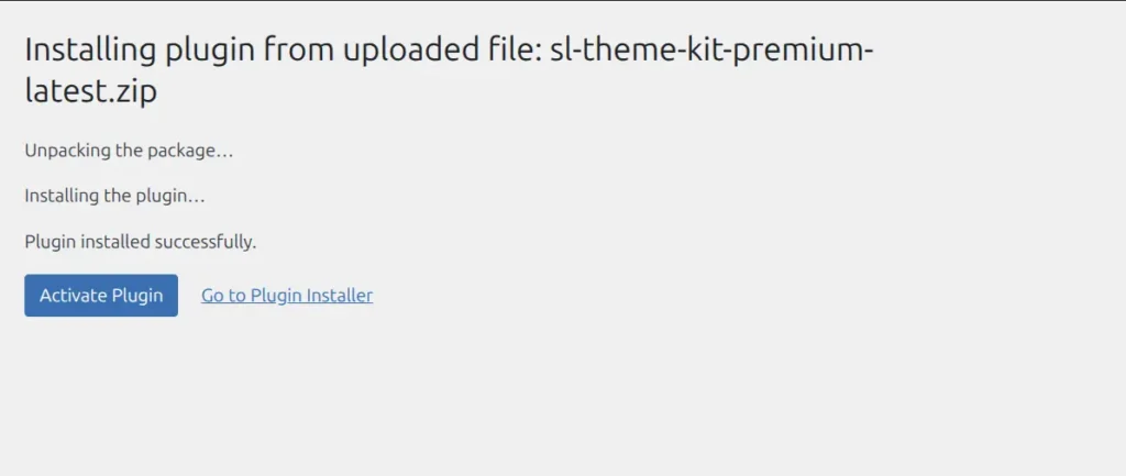 Plugin installed successfully message with Activate Plugin link